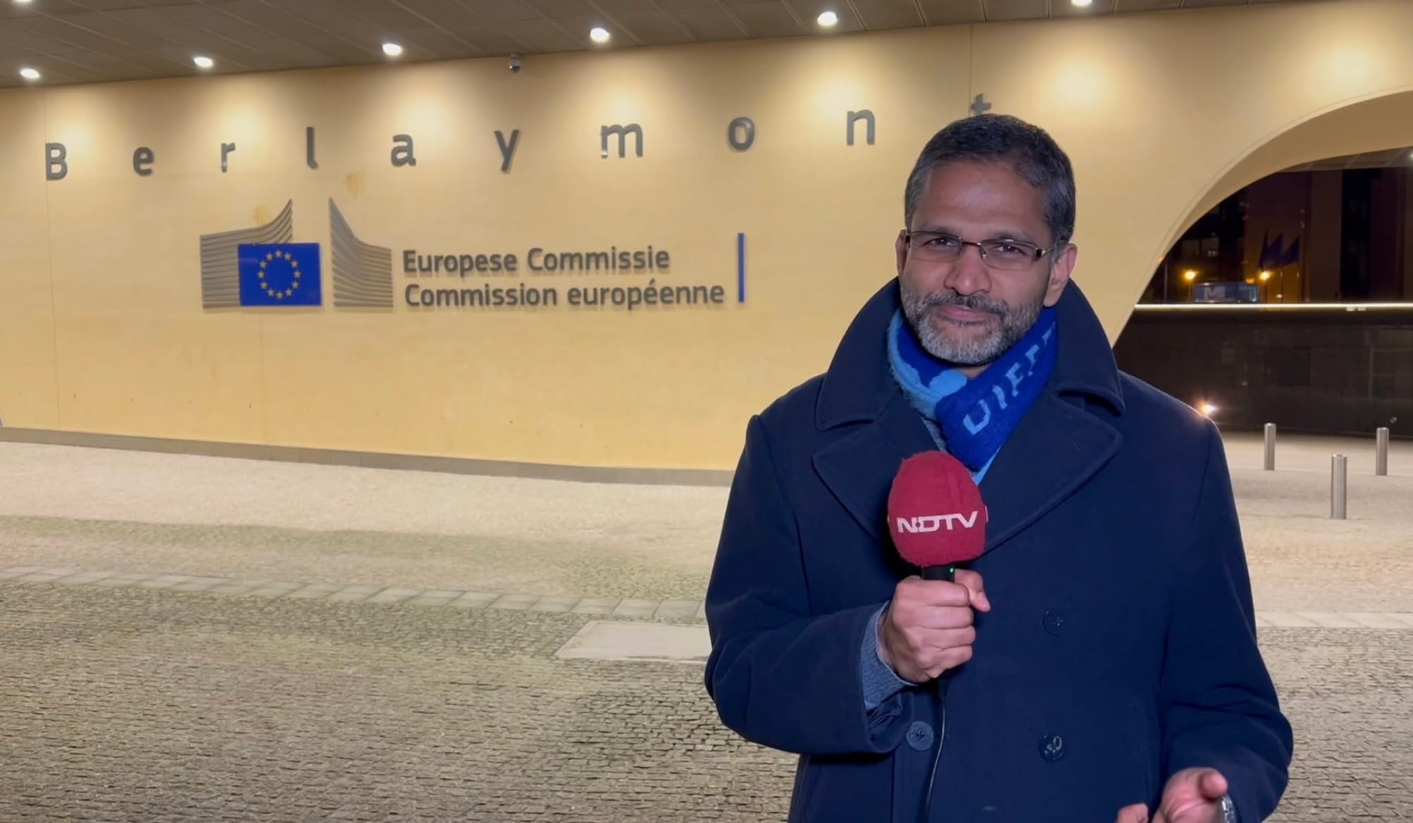 Rahul Venkit reporting for NDTV outside the European Commission